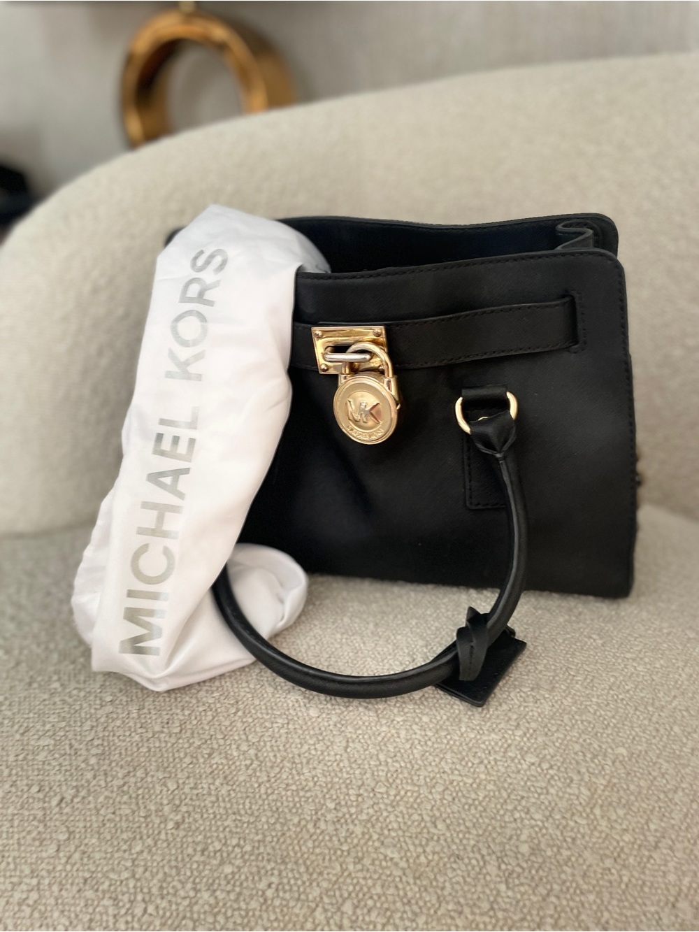 Iconic Michael Kors Hamilton Black Saffiano Leather Satchel with Gold Lock Y2K